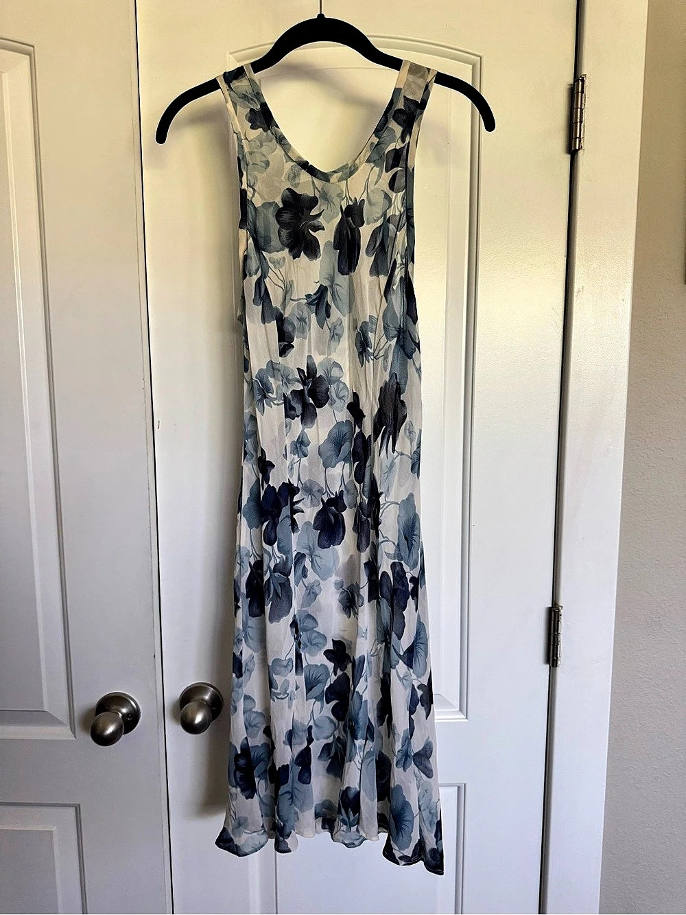 Vintage 90s Norma Kamali Floral Silk Midi Dress in Blue & White Size 10